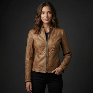 Könnte beinhalten: Hellbraune Lederjacke mit Reißverschluss. Die Jacke hat einen Stehkragen und vertikale Nähte auf der Vorderseite. Das Model trägt eine schwarze Hose. Der Hintergrund ist dunkelgrau.