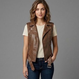 Women 90s Handmade Biker Zip Up Front Waistcoat| Ladies Brown Lambskin Soft Leather Classic Vest, Women's Vintage Warm Outwear| Gift For Her