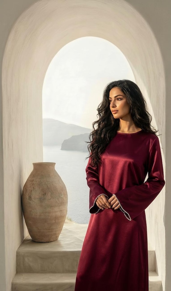 burgundy wine maxi dress AMARA Satin Rhinestone Trim Sleeve Belted Tie Waist Abaya elegant attire Size:large 8- 10Y Golden Bachelorette' to air The deep wine hue