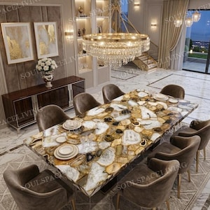 Mesa de comedor rectangular de ágata con tablero de cristal, hecha a mano, de lujo. Pieza única para el comedor.