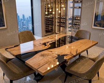 Live Edge Acacia Wood Dining Table with Black Epoxy Resin - Handmade Modern River Table - Luxury Custom Furniture for Dining Room