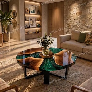 Op de afbeelding: Een ronde salontafel met een uniek ontwerp. De tafel heeft een donkergroen epoxyhars middenstuk, omgeven door secties met natuurlijke houtnerf. De tafel heeft een zwart metalen onderstel en staat in een moderne woonkamer.