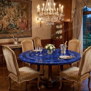 Mesa redonda de lapislázuli hecha a mano con diseño de círculos concéntricos, mesa de piedras preciosas, mesa de comedor grande de piedra azul, decoración de lujo para el hogar