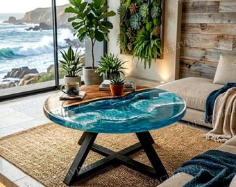 Mesa de centro Ocean Resin - Mesa de río de madera natural con resina epoxi y olas realistas - Decoración costera para el hogar - Mesa redonda de resina azul - Casa de playa