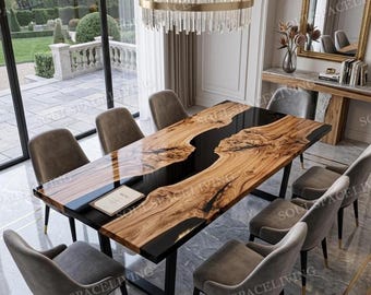 Mesa de comedor de resina epoxi negra con borde natural - Mesa de centro de resina personalizada - Muebles modernos de nogal - Mesa de cocina de lujo hecha a mano - Hogar único