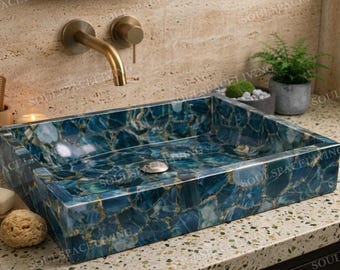 Lavabo de lujo de ágata azul - Lavabo rectangular hecho a mano de piedra semipreciosa - Lavabo moderno para baño - Baño artesanal único