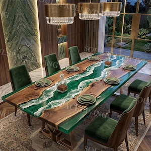 Emerald Green Epoxy River Dining Table, Live Edge Walnut Wood, Modern Artisan Furniture