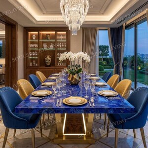Mesa de piedra lapislázuli natural, mesa azul de lujo personalizada, mesa rectangular grande de piedra preciosa, muebles de alta gama, mesa de comedor artesanal.