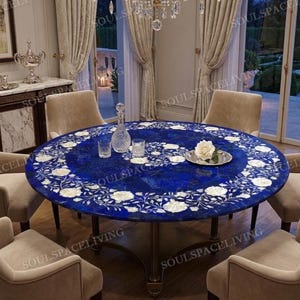 Lapis Lazuli Coffee Table with Mother of Pearl Inlay Floral Design Round Center Table Luxury Gemstone Furniture Blue Stone Side Table