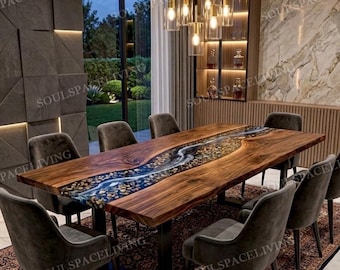 Mesa de comedor de acacia con borde natural e incrustaciones de resina de piedra azul, mesa de madera hecha a mano a medida, muebles de cocina modernos de lujo, arte con resina epoxi.