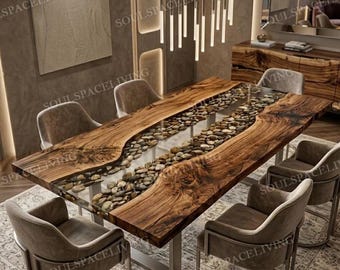 Handgjort bord i dimhartssten | Fyrkantigt soffbord i trä med live edge | Matbord i natursten | Modern rustik heminredning