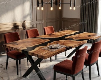 手作りの黒エポキシ樹脂ダイニングテーブル、ライブエッジウォールナット材のリバーテーブル、カスタム長方形キッチンテーブル、モダンでラグジュアリーなホームデコレーション