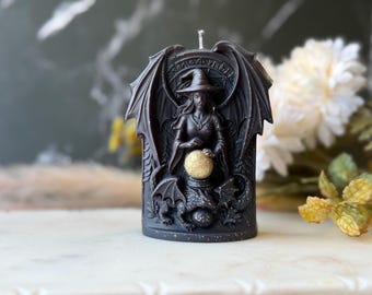 Świeca czarownicy, dekoracja gotycka | Świeca fantasy smok z kryształową kulą | Czarna świeca czarownicy | Pogańska dekoracja ołtarza | Trucizna czarownicy