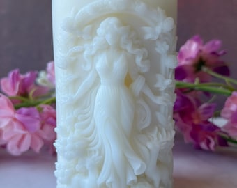 Fairy Goddess Candle – Fantasy Goddess Candle, Floral Pillar Candle, White Decorative Candle, Cottagecore Decor, Gift for Her