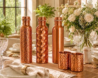 100% Pure Copper Water Bottles | Hammered, Diamond and Plain Finish | Copper Drinkware Gift Set
