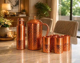 Pure Copper Pitcher Set with Hammered Finish, 1.5L Jug, 4 Cups, Water Bottle