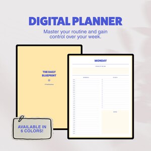Könnte beinhalten: Ein digitaler Planer mit einem blassgelben Einband, der den Text THE DAILY BLUEPRINT und ein Smiley-Symbol zeigt. Die Innenseite zeigt ein Layout für Montag mit Abschnitten für Fokus, stündliche Zeitpläne, Aufgabenlisten und Notizen in blauem Text.
