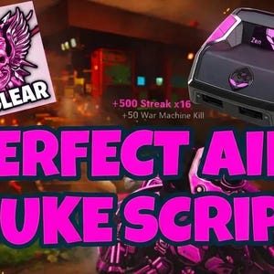 Puede incluir: Imagen de un dispositivo de juego negro y rosa con el texto "Zen" y un logotipo. El texto "PERFECT AIM NUKE SCRIPT" aparece en rosa. También se muestra un gráfico con una calavera y alas, con la palabra "NUCLEAR".