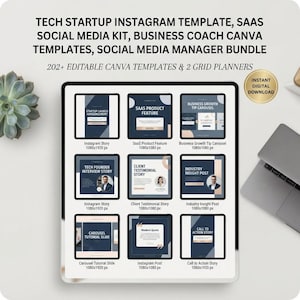 Può includere: Una collezione digitale di 202+ modelli Canva modificabili e 2 pianificatori a griglia per startup tecnologiche e business coach. Il display mostra vari layout per social media, inclusi storie Instagram, diapositive carosello e post in blu e beige.