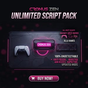 May include: A black Cronus Zen device with pink text, accompanied by a white game controller and a black keyboard. The image displays text including "UNLIMITED SCRIPT PACK," "100% UNDETECTABLE," "ANTI-RECOIL, BOOSTED AIM ASSIST, RAPID FIRE, UPDATED MODS," and "BUY NOW!"