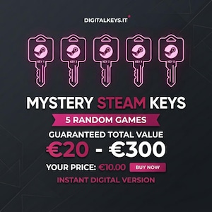 May include: Five neon pink key icons with Steam logos arranged in a row above the text MYSTERY STEAM KEYS. Below, a banner reads 5 RANDOM GAMES, followed by GUARANTEED TOTAL VALUE €20 - €300, YOUR PRICE: €10.00, a BUY NOW button, and INSTANT DIGITAL VERSION.
