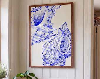 Küsten Muschel Druck, Nautische Wandkunst, Blau & Weiß Skizze Kunstdruck, Strandhaus Dekor