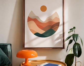 Mid Century Modern Abstract Landscape Framed Print, Oversized Wall Art