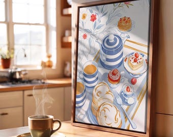 Quadri da parete incorniciati, pasticcini per la colazione, decorazioni per la cucina.