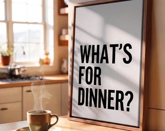 Quadro da parete con cornice, stampa tipografica "Cosa c'è per cena?", decorazione per cucina in stile rustico