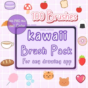 May include: A digital graphic featuring the text 100 Brushes with PNG files and Codes, kawaii Brush Pack, and For any drawing app. The background is a light purple grid decorated with small illustrations of food, animals, and shapes.