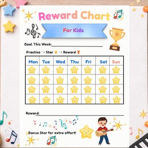 Könnte beinhalten: Eine farbenfrohe Belohnungstabelle für Kinder mit einem musikalischen Thema. Die Tabelle enthält Felder zur Verfolgung des täglichen Fortschritts mit Sternaufklebern, einen Abschnitt für Wochenziele und den Text "Reward Chart For Kids". Ein Cartoon-Junge spielt Gitarre.