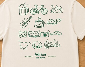 Comfort Colors Personalized Hobby Shirt , Custom Name and Year T-Shirt, Minimalist Icons Tee, Custom motifs,  line illustration,  hobbies