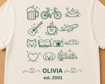 Comfort Colors Personalized Hobby Shirt , Custom Name and Year T-Shirt, Minimalist Icons Tee, Custom motifs,  line illustration,  hobbies