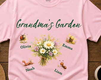 Gildan 5000 Personalized Grandma's Garden Shirt, Custom Shirt with Kids Names, Funny InsectTee, Grandchildren Names Shirt, Family Garden Tee