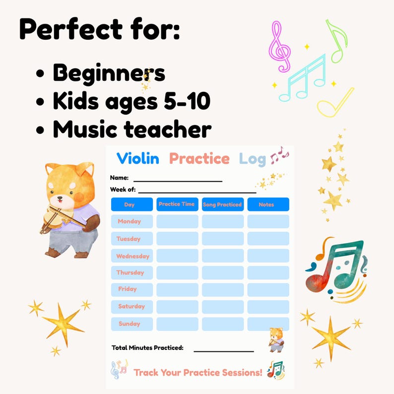 Violin Practice Log for Kids, Printable Music Practice Sheet, Weekly ...