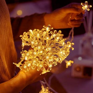 May include: A string of warm white LED flower lights. The lights are held in a person's hands. The flowers are made of clear plastic and have a delicate, floral design. The lights are on, creating a soft, inviting glow.
