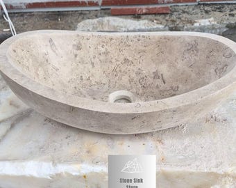 Handcrafted Light Travertine Ellips Sink: Vessel Stone Basin
