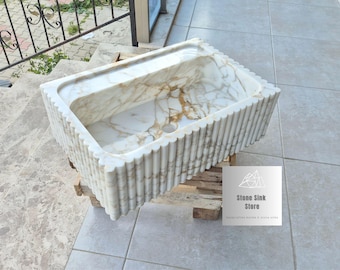 Calacatta Gold Marble Rectangular Sink - Ribbed Design - Wall Mount