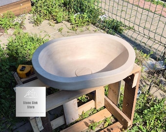 Travertine Design Sink - with Stone Drain Lid: Handcrafted Stone Basin