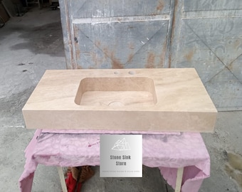Travertine Wall Mount Sink with Double Faucet Holes and Drain Lid