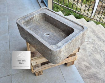 Silver Travertine Wall Mount Sink with Backledge: Handcrafted Stone Sink