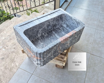 Fantasy Gray Marble Fluted Sink - Wall Mount - Hidden Drain: Handcrafted Marble Basin