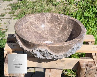 Handcrafted Dark Emperador Marble Vessel Sink - Wavy Rough Textured Basin