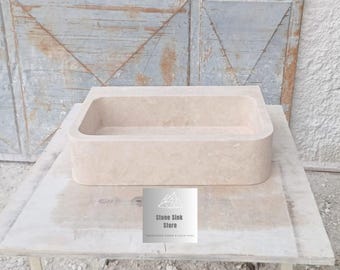 Travertine Wall Mount Sink with Backledge: Handcrafted Stone Basin