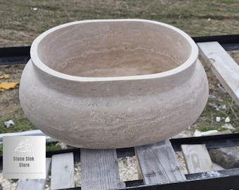 Handcrafted Travertine Oval Curved Sink: Rustic Stone Basin