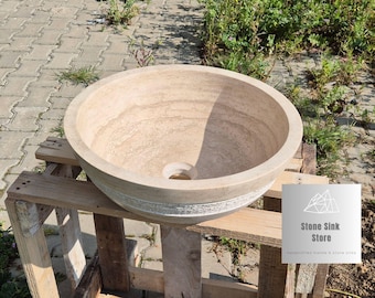 Travertine Hammered Exterior Vessel Sink: Handcrafted Stone Basin