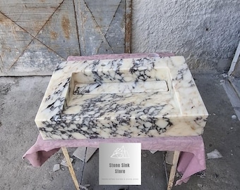 Calacatta Viola Marble Wall Mount Sink with Spread Faucet Holes - Hidden Drain