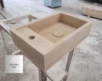 Travertine Hiden Drain Sink with Side Ledge and Faucet Hole