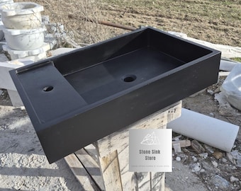 Basalt Black Stone Sink with Faucet Hole: Rectangular Marble Vessel