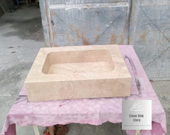 Travertine Rectangular Sink with Drain Lid - Wall Mounted Basin